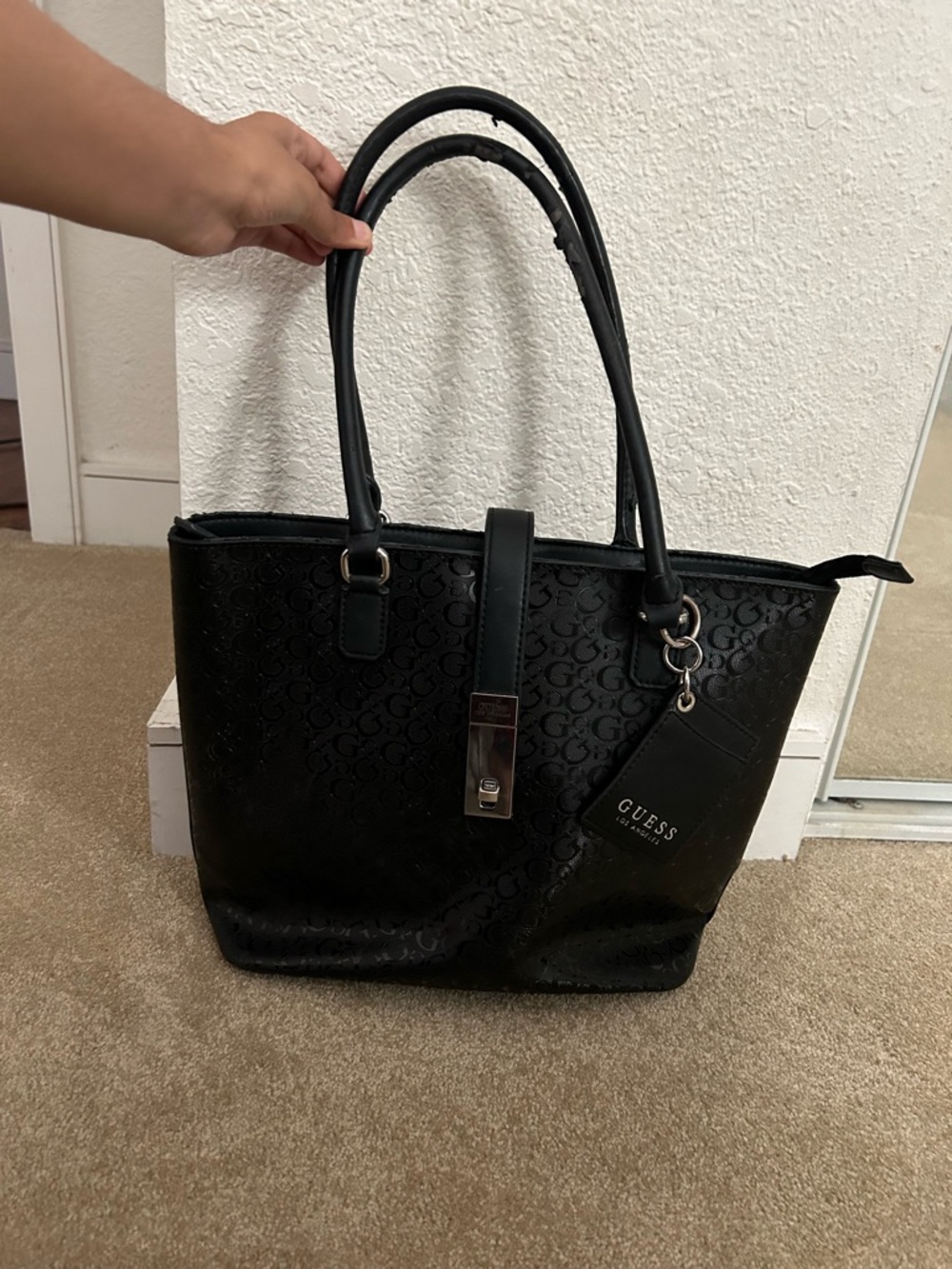 GUESS Black Embossed Logo Tote with Tag